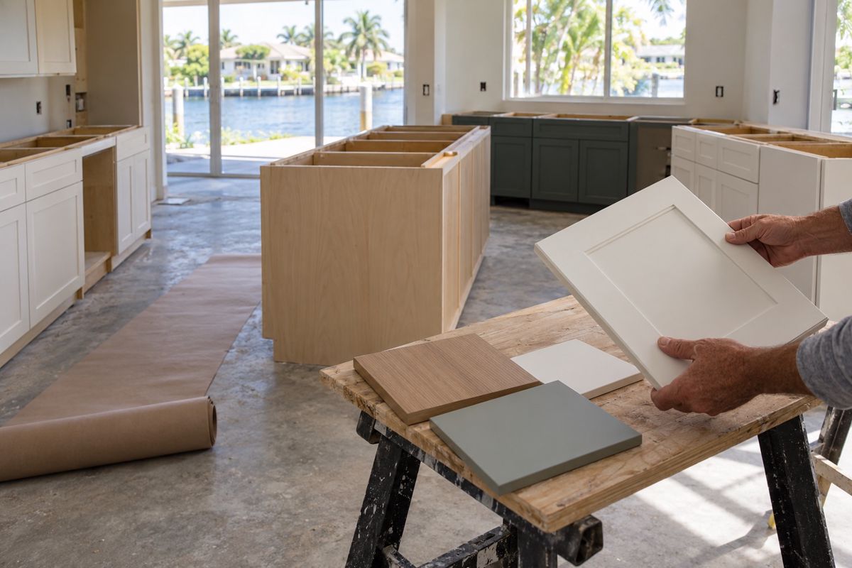 Cabinet boxes and finish samples on a slab floor during a Florida kitchen remodel