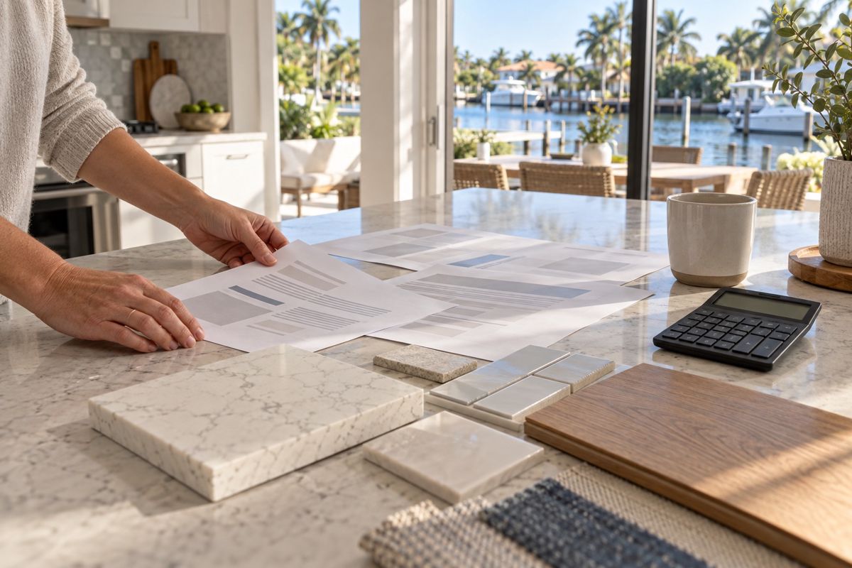 Hands arranging remodel quotes and material samples on a kitchen island
