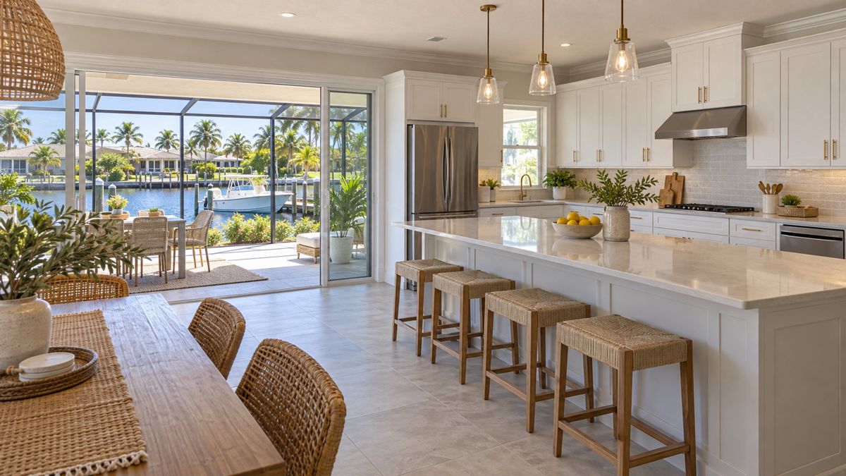 Newly remodeled open kitchen with island and view of a canal through sliding doors