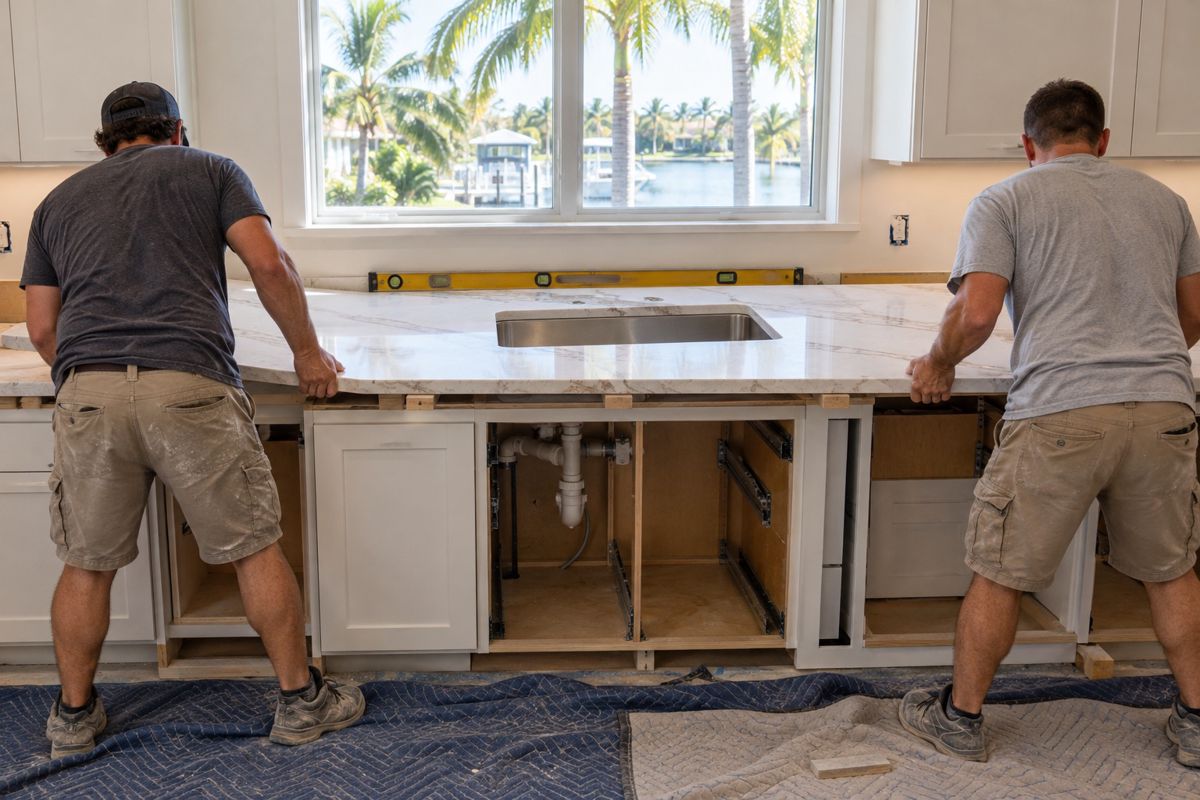 Installers lowering a quartz countertop slab onto kitchen cabinets with a sink cutout