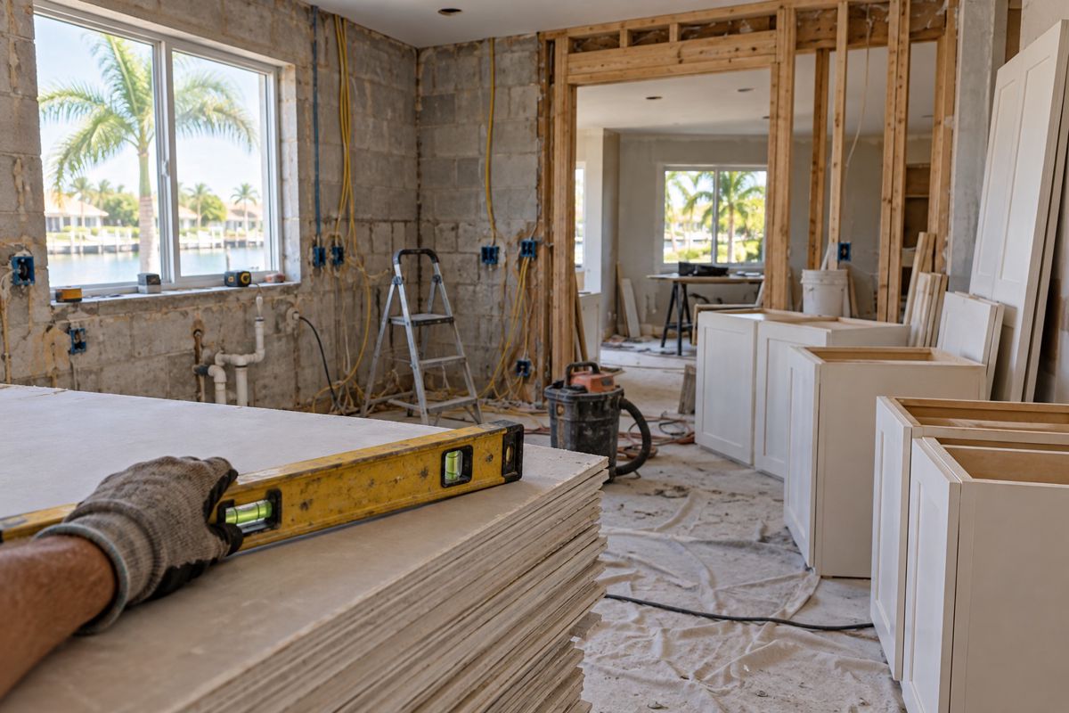 Kitchen mid-remodel with exposed block walls, new framing and stacked cabinet boxes