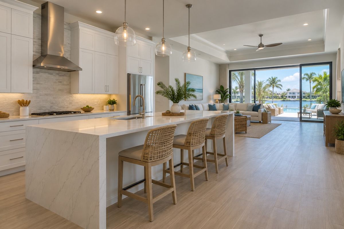 Open-concept Florida kitchen with a long island, pendant lights and view to the lanai